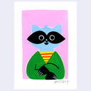 A stylized art work featuring a raccoon with a light blue face, black mask, green clothing, and a yellow-and-red striped shirt, centered on a pink rectangular background with a white border.