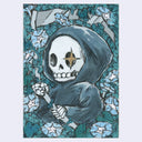 Ink and watercolor illustration of a skeleton Grim Reaper with a scythe and a sparkle in its eye.