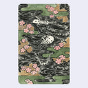 Ink illustration of a black body of water with green and gold stylistic clouds, pink flowers and 3 cartoon skeletons swimming in it, doing various performative poses.