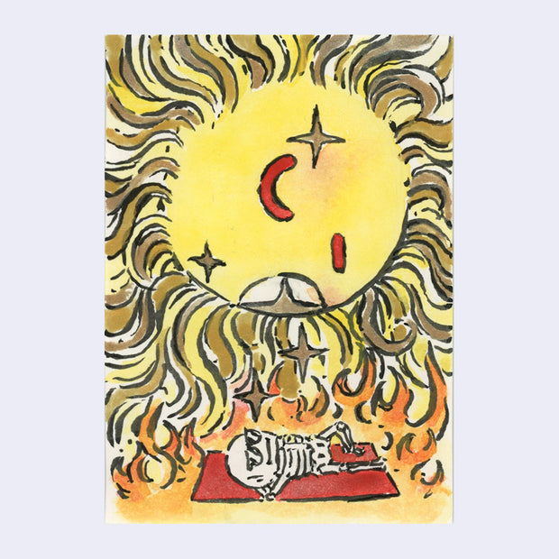 Watercolor drawing of a skeleton laying on a red mat, sun bathing with a giant cartoon sun looking down on it.