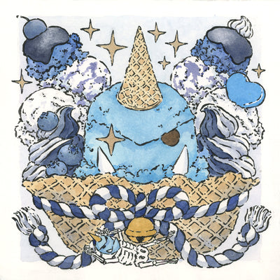  Ink and watercolor illustration of a large waffle cone bowl holding soft serve and scoops of ice cream, all with white or blue coloring. A large blue scoop is in the center, with a cone atop its head like a horn and fangs. The bowl is wrapped in a blue and white striped ribbon and gold bell.