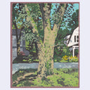 Painting of a tree trunk, with lots of dappled warm light.