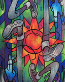 Close up of a colorful painting on a skateboard deck - depicting legs with untied or tied shoes and a sun shining behind them.