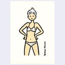 Simplistic drawing of a cartoon girl with stark black outlines. She wears a polka dot bikini.