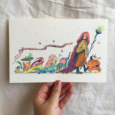 Print of a long haired girl holding a staff and leading a procession of many small fantasy style creatures. A skinny dragon flies with them.