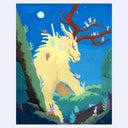 Fantasy painting of a large yellow animal creature in a forest at night. Many small bunny like characters rest on its back, antlers and in the surrounding areas.