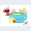 Colorful cartoon illustration of a large mug with a matcha latte in it and bunnies standing around it.