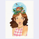 Watercolor illustration of a girl with brown hair, wearing a pink and white gingham top. Atop her head is a small scene with a whimsical house, trees, and animals against a light blue sky background.