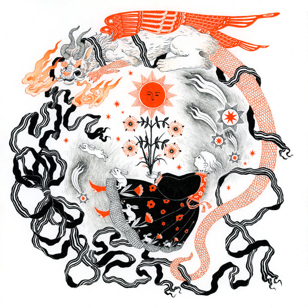 Black pen illustration with bright orange color accents. A woman in a billowy dress with rabbits along the bottom of it floats. Rabbits hop off the fabric of her dress and into reality. A dragon with a long scaled tail wraps around the scene.