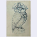Pencil illustration of an owl dressed like a nurse with a hat and standing atop of a medicine box. 