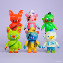6 soft vinyl monster-like figures that are brightly colored. Characters include a bat, a bear and an octopus.