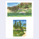 2 paintings on one white piece of paper, both scenes from a lake and mountain area. The first scene is of the lake and trees on a hill side, the 2nd scene is of trees.