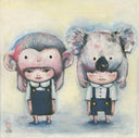 Illustration of two characters, one with a monkey-like head on like a hat and the other with a koala-like head on like a hat, standing side by side.