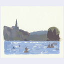 A watercolor landscape artwork depicting a coastal scene with a church spire on a hill, blue water in the foreground, and dark trees on the right, set against a textured off-white background.