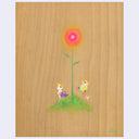 Painting on exposed wooden panel of 3 small characters wearing full body white, yellow and green suits. One waters a large pink blooming simple flower and the others jump in the air.