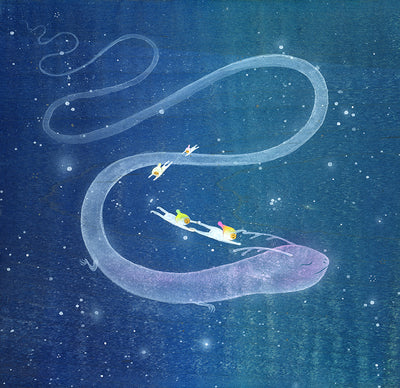 Starry blue sky setting with a thin, semi transparent dragon flying through it. It has a very long wispy body that fades off into the distance. A chain of 4 small characters hang onto its horns and ride along.