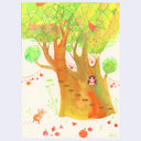 Colorful illustration of a tree with geometric patterned leaves and geometric fruit, mostly fallen to the ground.