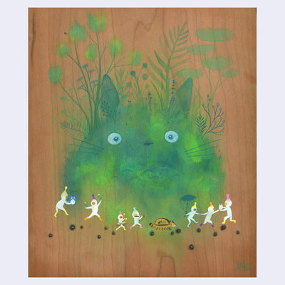 Painting on exposed wooden panel of a mossy collective of plants and greenery, making up Totoro. At the base dance small costumed characters with small soot sprites and a Catbus.