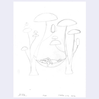 Loose pencil illustration of a hammock between 2 fantasy style trees, with a bear and many small bean shaped characters sleeping in the hammock.