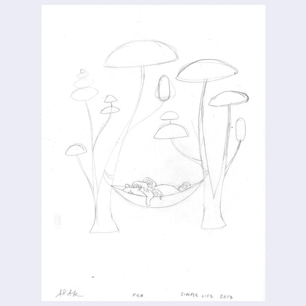 Loose pencil illustration of a hammock between 2 fantasy style trees, with a bear and many small bean shaped characters sleeping in the hammock.