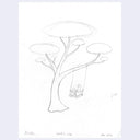 Pencil illustration of a fantasy style tree with a tree swing. 2 small characters sit on the swing.