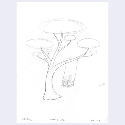 Pencil illustration of a fantasy style tree with a tree swing. 2 small characters sit on the swing.