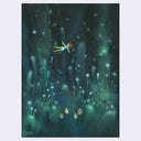 Painting on wooden panel, with the wood grain visible through the pigment, of a girl floating down in a dark, undersea environment towards small rounded cute characters, who extend up their arms.