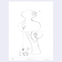 Pencil illustration of a fantasy style tree with small characters residing within it and working. One lowers a basket down for fruit.