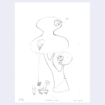 Pencil illustration of a fantasy style tree with small characters residing within it and working. One lowers a basket down for fruit.