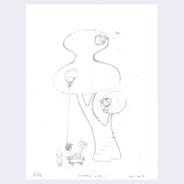 Pencil illustration of a fantasy style tree with small characters residing within it and working. One lowers a basket down for fruit.