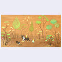 Painting on exposed wooden panel of 2 black and white French Bulldogs, standing amongst tall fantasy style trees and plants. 2 small characters play with them and the little dog looks at a large pile of poop.