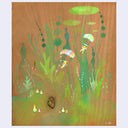 Painting on exposed wooden panel of several green plants in a semi abstract depiction with various shapes and fade outs. Small characters parachute down and smaller characters await them on the ground.