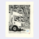A black and white ink illustration of a truck driver inside a cab surrounded by lots of AC units on a textured off-white paper sheet with a light gray background.