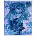 Painting with mostly blues and purples of a girl wearing a baggy hoody and playing a guitar. She looks slightly up with only one eye opened and a fierce expression, her hair blows around her with sharp ends.