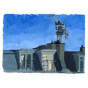 Watercolor painting of a rooftop scene with dark gray chimneys and a crane against a vivid blue sky, shown on a white background.