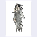 An illustration on cream paper of a fairy with long, black hair and a tattered gray dress, holding a longsword.