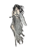 A black and white ink illustration of a woman with long dark hair holding a sword, wearing a tattered dress, on a plain white background.