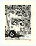 A black and white ink illustration of a truck driver inside a cab, surrounded by a dense background of AC units and electronic equipment, drawn on a sheet of off-white paper with a small blue bird sketch and red artist signature in the lower right.