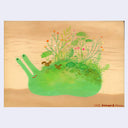 Illustration of a green snail with plants on its back and small squirrels playing in the environment on wood panel.