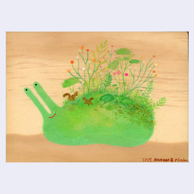 Illustration of a green snail with plants on its back and small squirrels playing in the environment on wood panel.