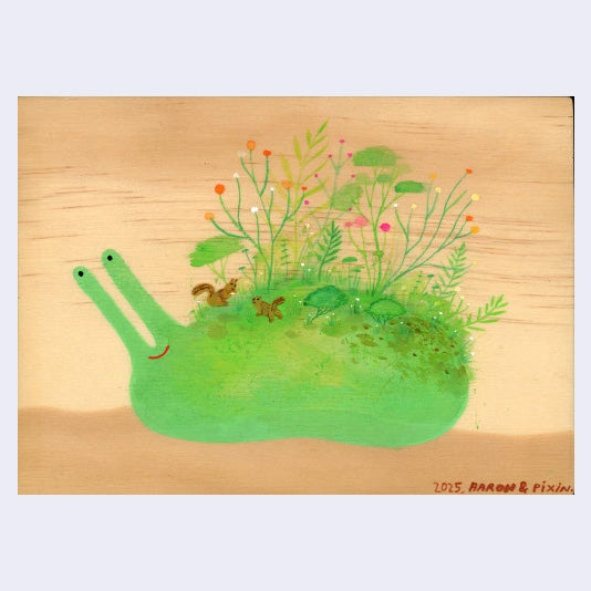 Illustration of a green snail with plants on its back and small squirrels playing in the environment on wood panel.