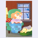 Illustration of a girl under a blue quilted blanket reading a book in a cozy room with a cat and dog sleeping nearby.