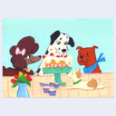 Illustration of four dogs around a birthday cake and cupcakes on a checkered tablecloth.