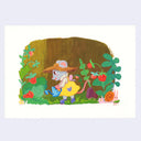 Illustration of a mouse wearing a yellow dress, a sunhat and using a watering can to water plants and flowers in front of a tree.
