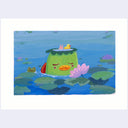 Painting of a Kappa creature, a green turtle like folklore character, submerged in water with a duck and pink bunny swimming on its head.