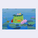 Illustration of a green Kappa character with a smiling face half submerged in water with lily pads nearby. Atop its head is a rubber duck and small pink bunny character.