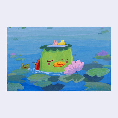 Illustration of a green Kappa character with a smiling face half submerged in water with lily pads nearby. Atop its head is a rubber duck and small pink bunny character.