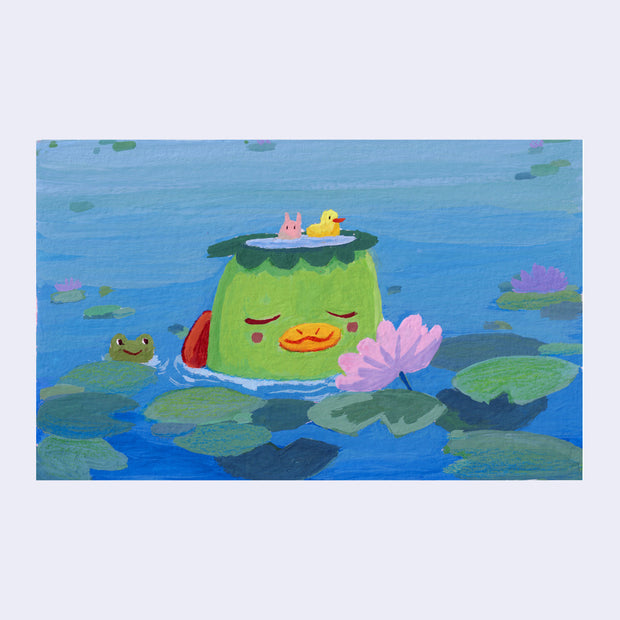 Illustration of a green Kappa character with a smiling face half submerged in water with lily pads nearby. Atop its head is a rubber duck and small pink bunny character.