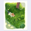 A whimsical painting of a small brown, white, and black dog walking through lush green foliage, attached to a blue leash.