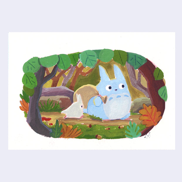 Painting of 2 small Totoro characters, walking in a forest setting under foliage and carrying a bag of acorns.